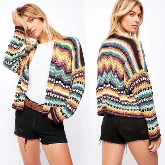 Free People Feeling Nostalgic Knit Woven Cardigan M Muilticolor Sweater - Picture 5 of 15